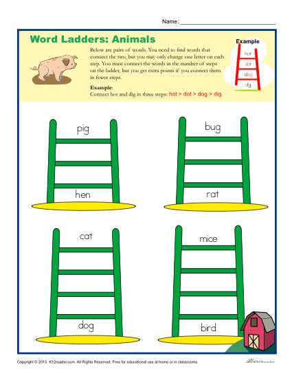 Printable Word Ladders Activity about Animals - Elementary School Activity