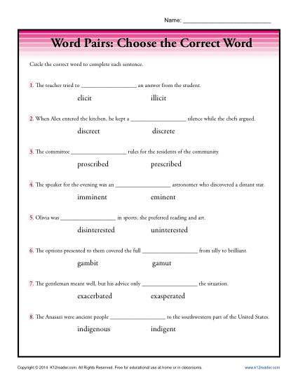 Word Pairs Worksheet Activity - Choose the Correct Word