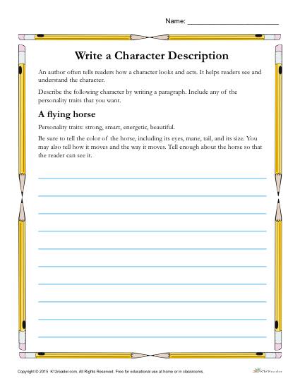 Write a Character Description - Printable Reading Skills Worksheet