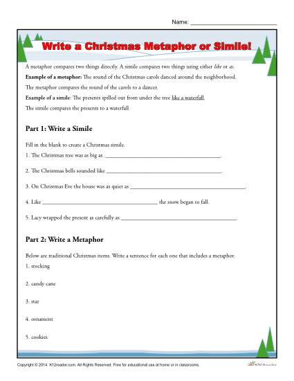 Free, printable Christmas Worksheet - Write a Metaphor or Simile