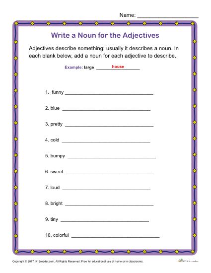 Write a Noun for the Adjectives | Printable Grammar Worksheet