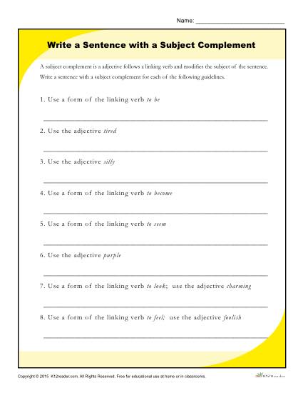 Write a Sentence with a Subject Complement Printable Worksheet