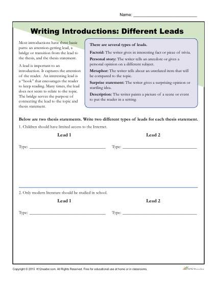 How to Write an Introduction Worksheet Activity: Different Leads