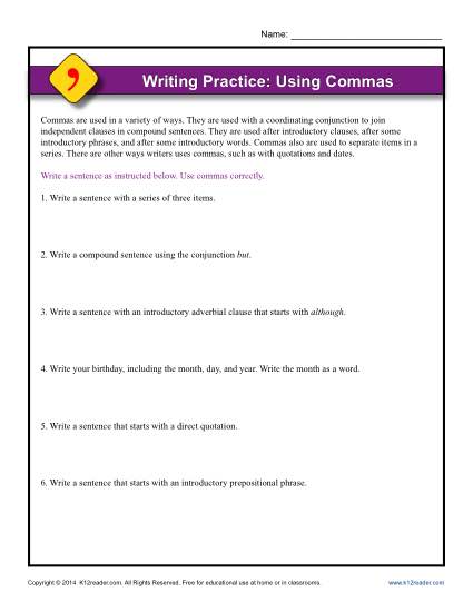 Writing Practice Worksheet - Using Commas