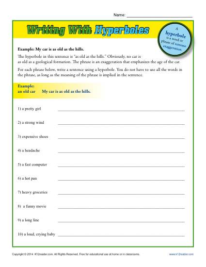 Writing Worksheet Activity - Hyperbole