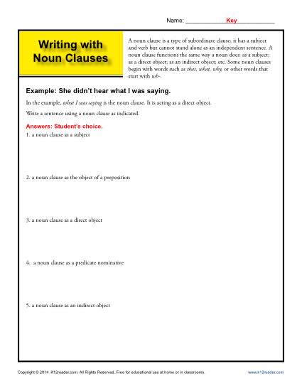 Writing with Noun Clauses - noun worksheets