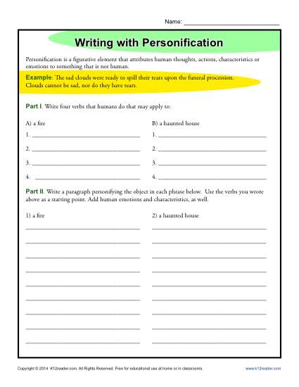 Writing Worksheet Activity - Personification