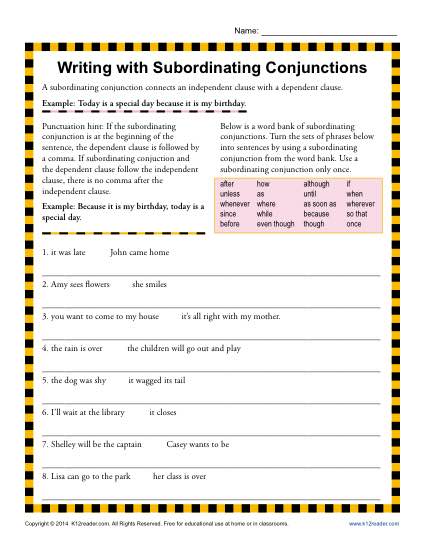 Writing Worksheet - Subordinating Conjunctions